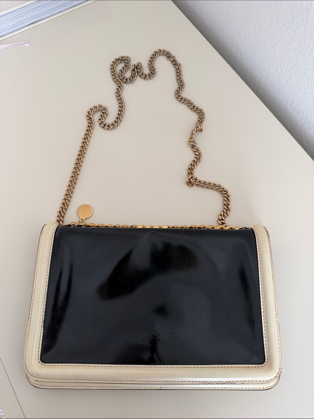 Classic Stella McCartney Black and Cream Patent Leather Shoulder Bag
